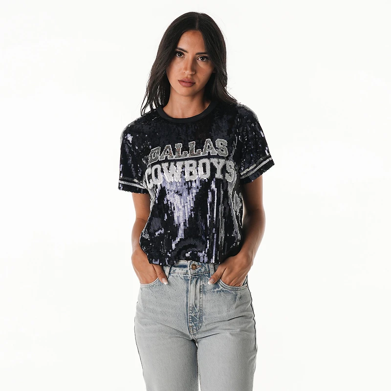 Women's The Wild Collective Navy Dallas Cowboys Practice Sequin Cropped T-Shirt