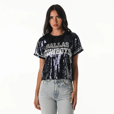 Women's The Wild Collective Navy Dallas Cowboys Practice Sequin Cropped T-Shirt