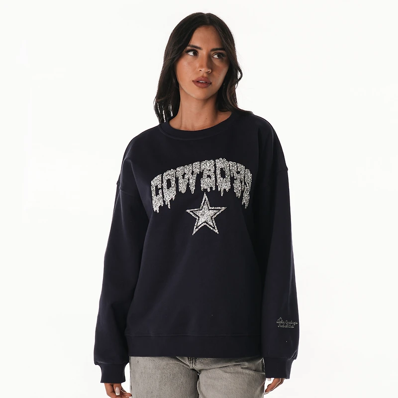 Women's The Wild Collective Navy Dallas Cowboys Rock Crystal Oversized Crewneck Sweatshirt