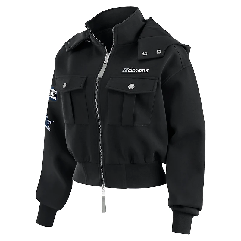 Women's WEAR by Erin Andrews Black Dallas Cowboys Tri-Blend Patch Pocket Cropped Full-Zip Bomber Hoodie Jacket