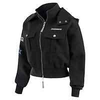 Women's WEAR by Erin Andrews  Black Dallas Cowboys Tri-Blend Patch Pocket Cropped Full-Zip Bomber Hoodie Jacket