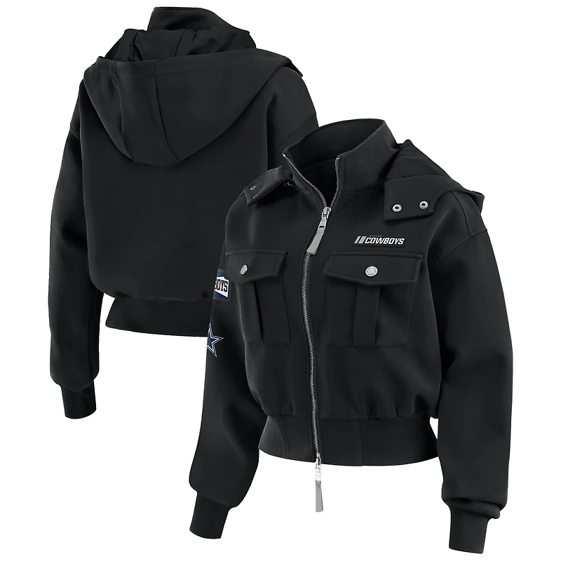 Women's WEAR by Erin Andrews Black Dallas Cowboys Tri-Blend Patch Pocket Cropped Full-Zip Bomber Hoodie Jacket