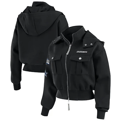 Women's WEAR by Erin Andrews Black Dallas Cowboys Tri-Blend Patch Pocket Cropped Full-Zip Bomber Hoodie Jacket