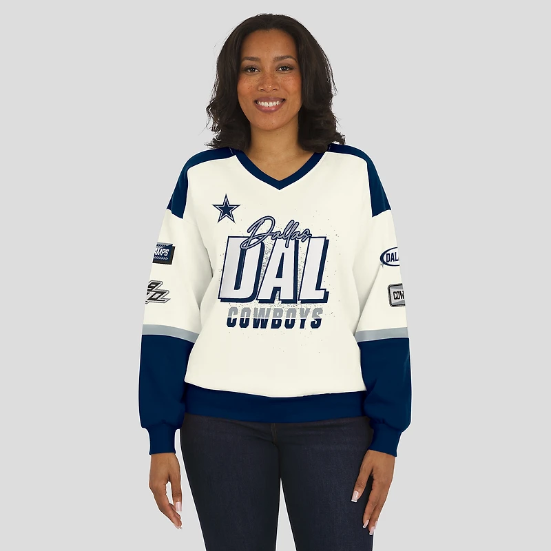 Sweat-shirt ras du cou à col en V crème Dallas Cowboys Racing pour femme par Erin Andrews