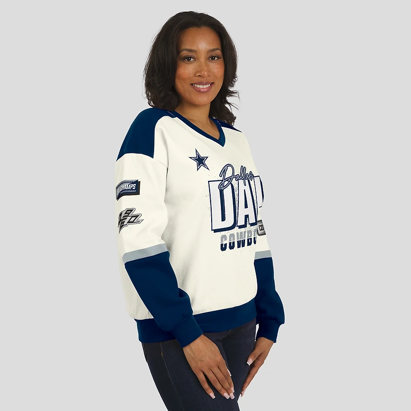 Women's WEAR by Erin Andrews  Cream Dallas Cowboys Racing Crew V-Neck Sweatshirt