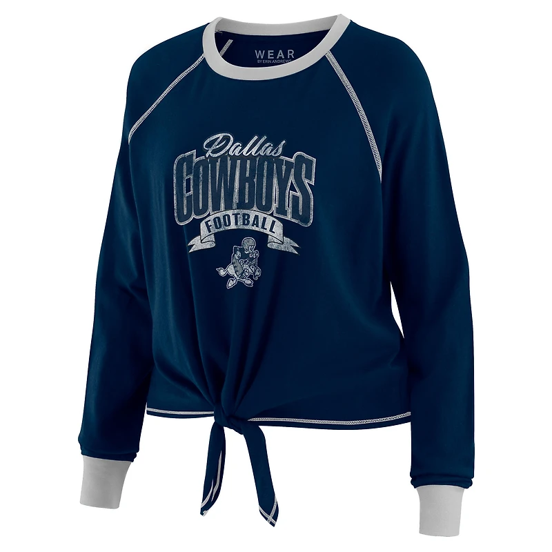 Women's WEAR by Erin Andrews Navy/ Dallas Cowboys Tie-Front Long Sleeve Top