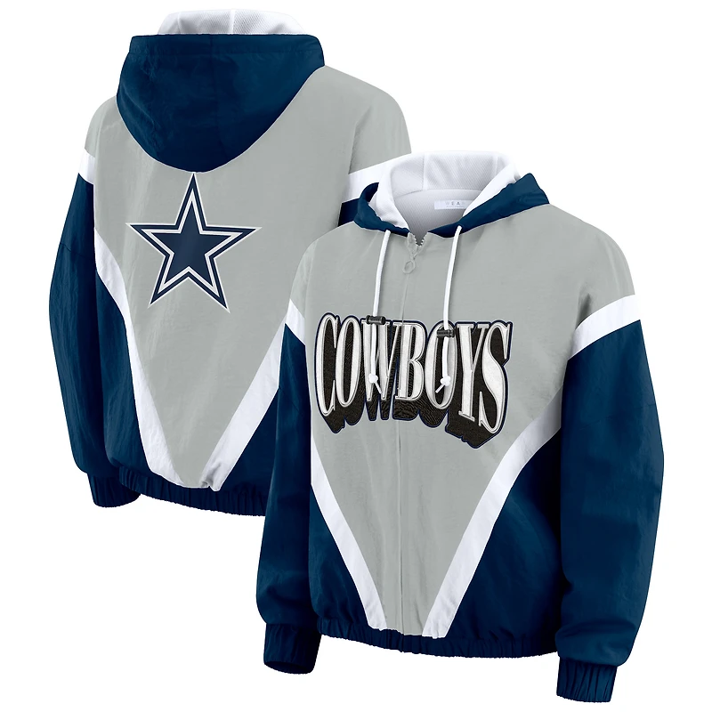 Women's WEAR by Erin Andrews Navy/Gray Dallas Cowboys Plus Retro Crinkle Full-Zip Hoodie Windbreaker Jacket
