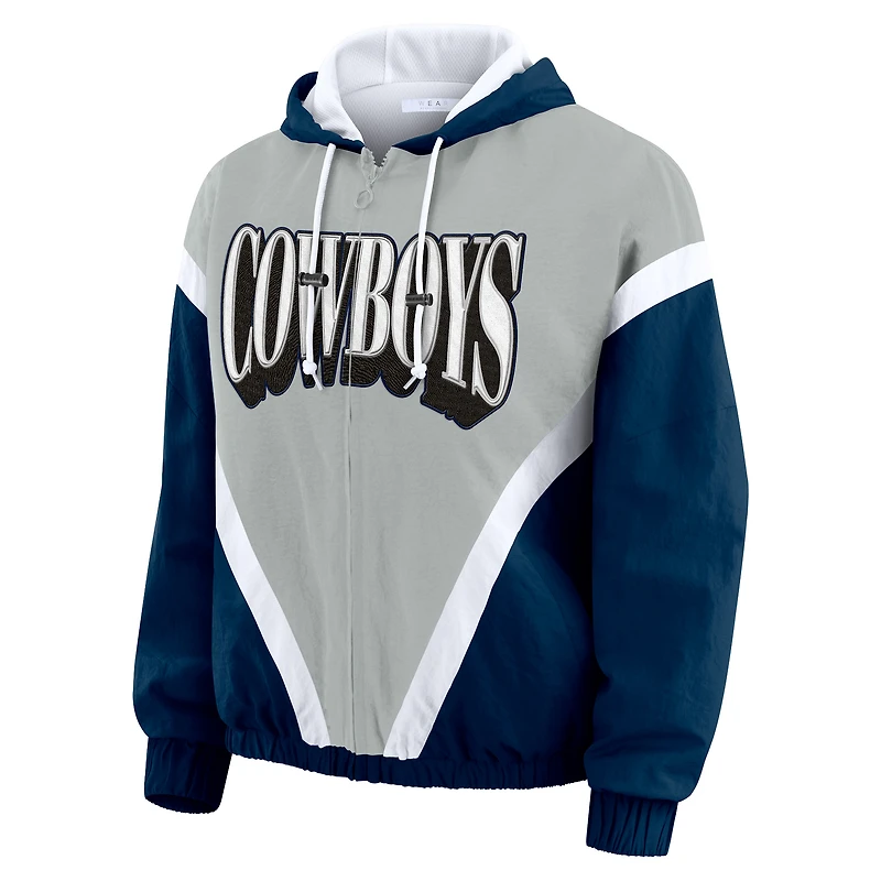 Veste coupe-vent à capuche entièrement zippée et froissée rétro grande taille pour femme WEAR by Erin Andrews bleu marine/gris des Cowboys de Dallas
