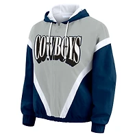 Veste coupe-vent à capuche entièrement zippée et froissée rétro grande taille pour femme WEAR by Erin Andrews bleu marine/gris des Cowboys de Dallas