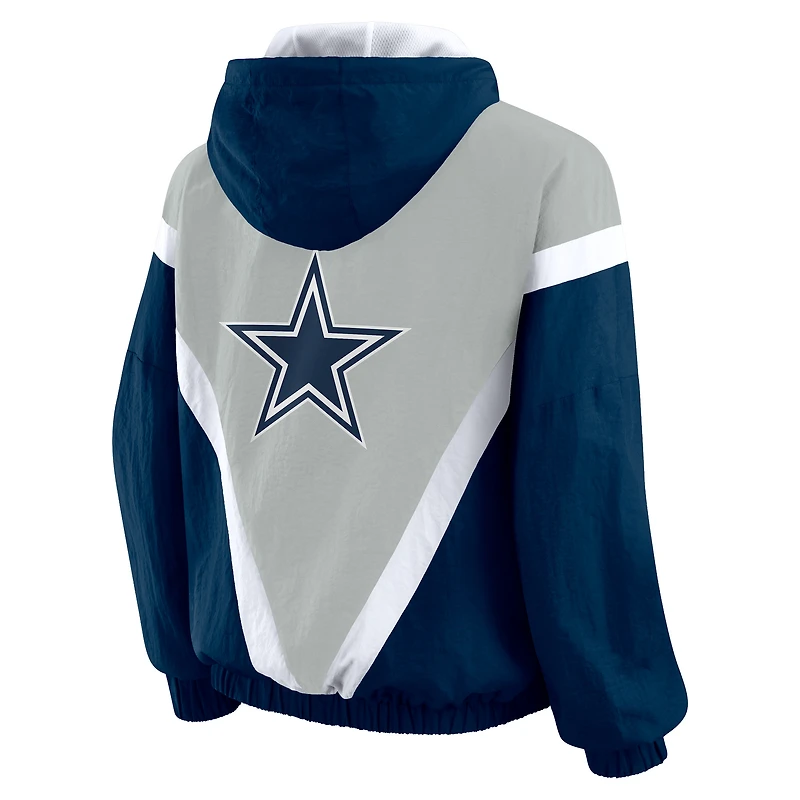 Veste coupe-vent à capuche entièrement zippée et froissée rétro grande taille pour femme WEAR by Erin Andrews bleu marine/gris des Cowboys de Dallas