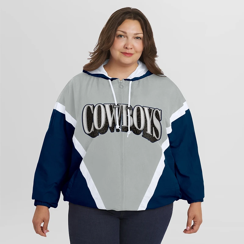 Women's WEAR by Erin Andrews Navy/Gray Dallas Cowboys Plus Retro Crinkle Full-Zip Hoodie Windbreaker Jacket