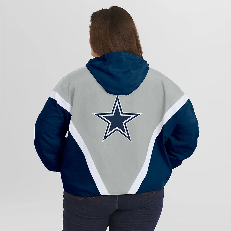 Veste coupe-vent à capuche entièrement zippée et froissée rétro grande taille pour femme WEAR by Erin Andrews bleu marine/gris des Cowboys de Dallas