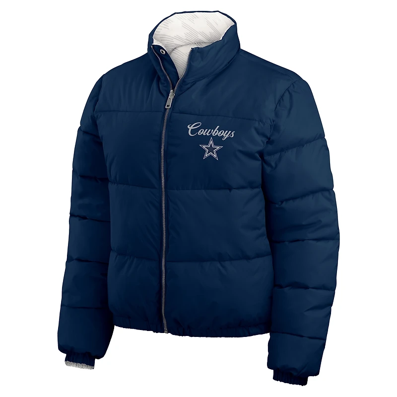 Women's WEAR by Erin Andrews Navy/White Dallas Cowboys Reversible Cropped Full-Zip Puffer Jacket