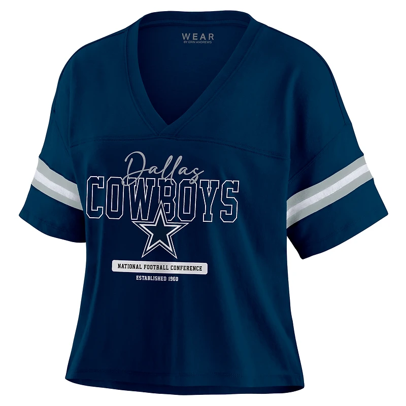 Women's WEAR by Erin Andrews Navy Dallas Cowboys Color Block Boxy Modest Crop V-Neck T-Shirt