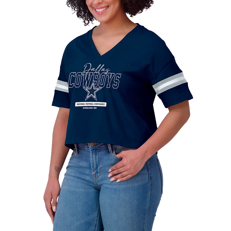 Women's WEAR by Erin Andrews Navy Dallas Cowboys Color Block Boxy Modest Crop V-Neck T-Shirt