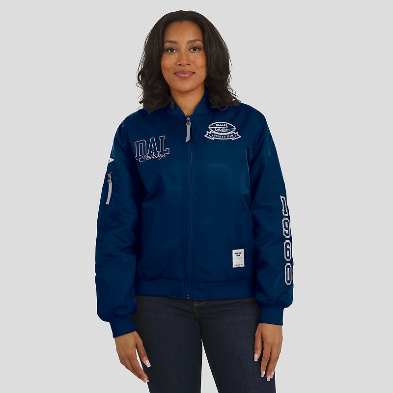 Veste aviateur entièrement zippée bleu marine à patch Dallas Cowboys pour femme WEAR by Erin Andrews