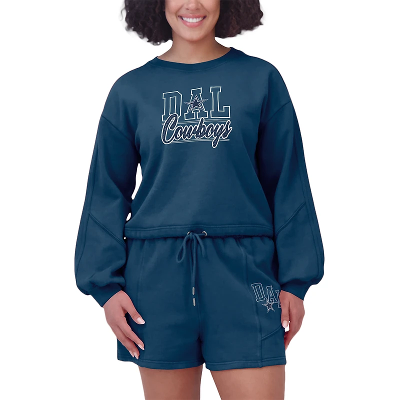 Ensemble de détente pour femme WEAR by Erin Andrews composé d'un t-shirt à manches longues et short en molleton délavé bleu marine Dallas Cowboys