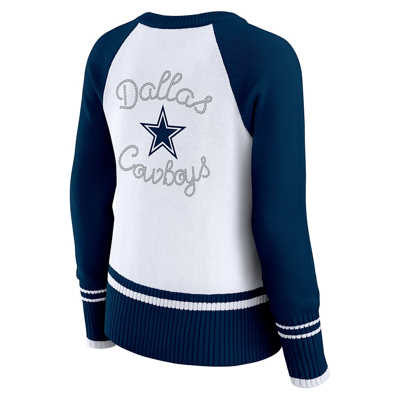 Pull raglan colorblock blanc/bleu marine Dallas Cowboys pour femme par Erin Andrews