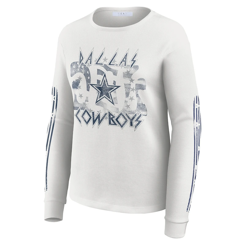 Women's WEAR by Erin Andrews White Dallas Cowboys Graphic Waffle Long-Sleeve T-Shirt