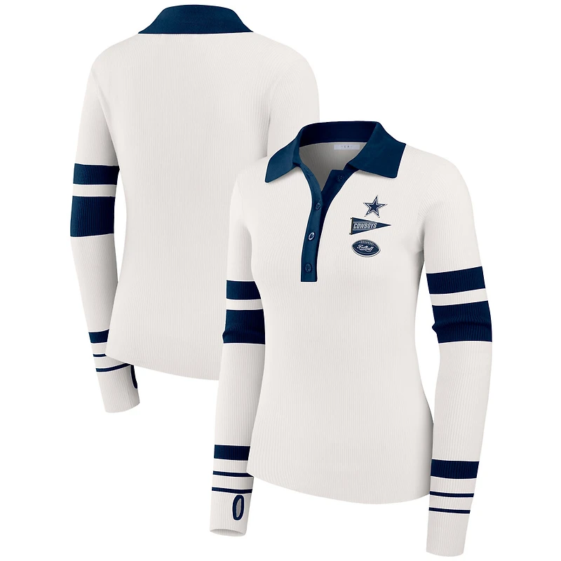 Women's WEAR by Erin Andrews White Dallas Cowboys Ribbed Henley Polo Sweater