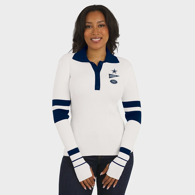 Women's WEAR by Erin Andrews White Dallas Cowboys Ribbed Henley Polo Sweater