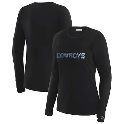 T-shirt à manches longues et empiècement en maille noire Dallas Cowboys WEAR by Erin Andrews x Gracie Hunt pour femme