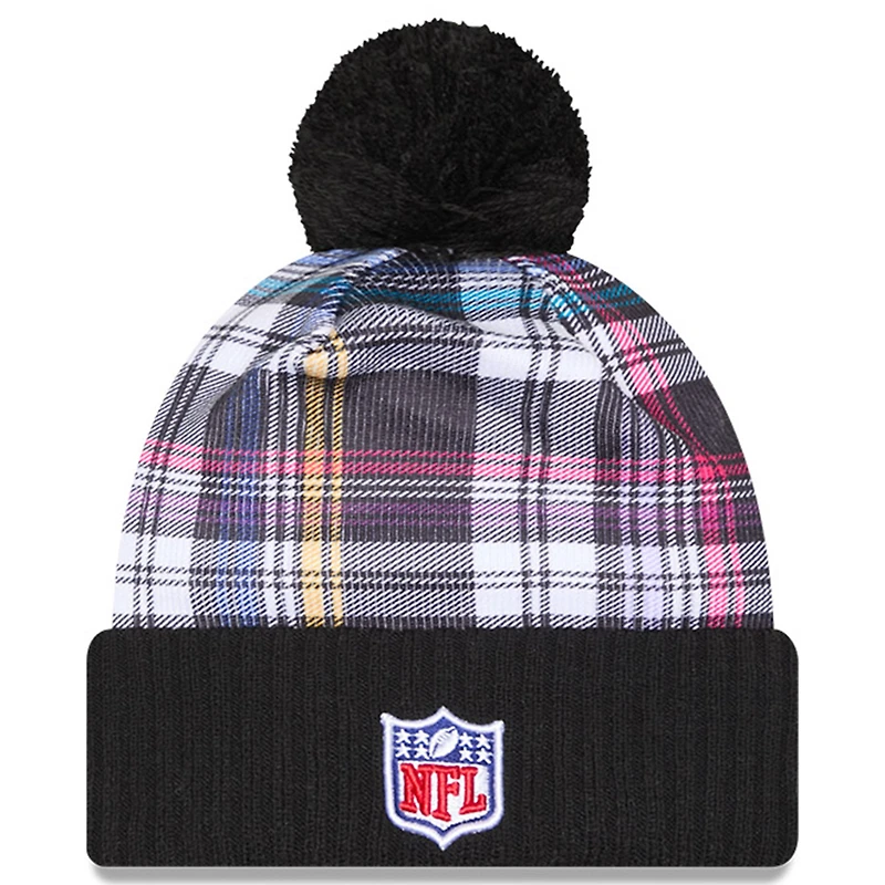 Youth New Era Black Dallas Cowboys 2024 NFL Crucial Catch Plaid Cuffed Pom Knit Hat