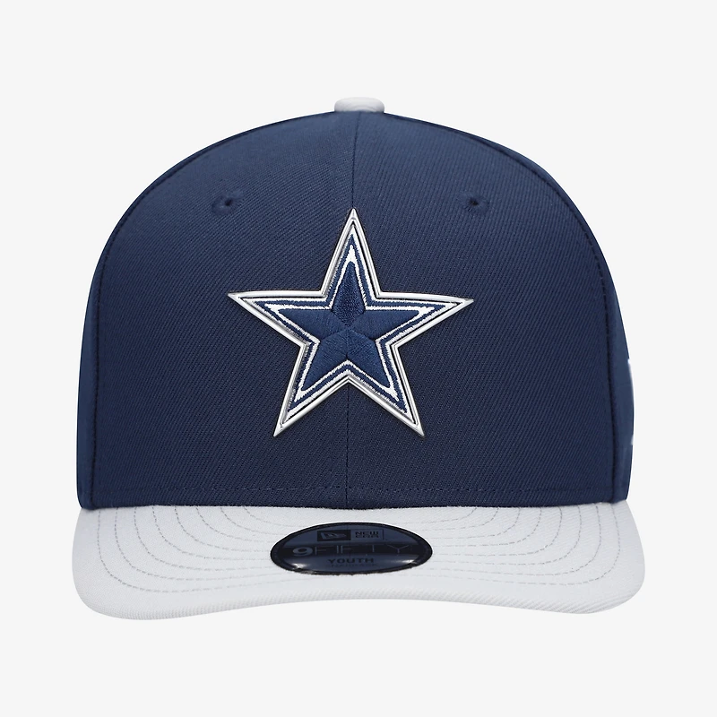 Casquette snapback New Era 9FIFTY pré-courbée, bleu marine/argent, Dallas Cowboys, repêchage NFL 2026, pour jeunes