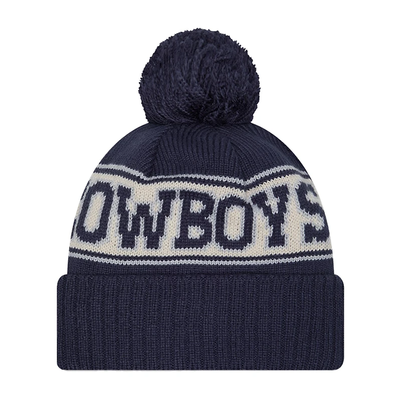 Bonnet en tricot à revers rétro Dallas Cowboys New Era bleu marine pour jeune avec pompon