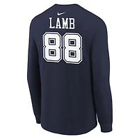 T-shirt à manches longues Nike CeeDee Lamb bleu marine pour jeune, avec nom et numéro du joueur des Cowboys de Dallas