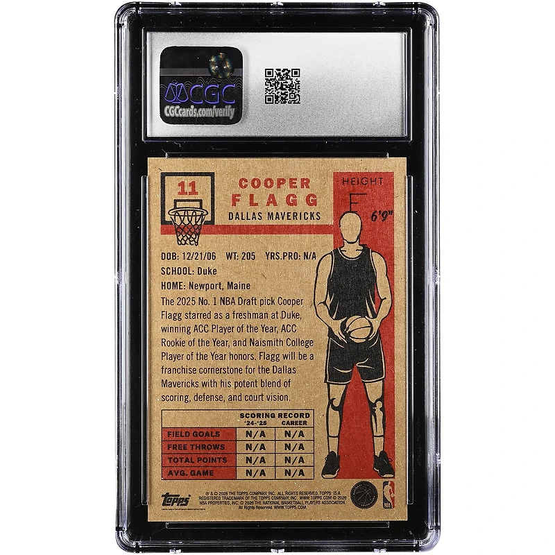 Carte de recrue Cooper Flagg Dallas Mavericks 2025-26 Topps Living Set n° 11 , authentifiée CGC 9.5