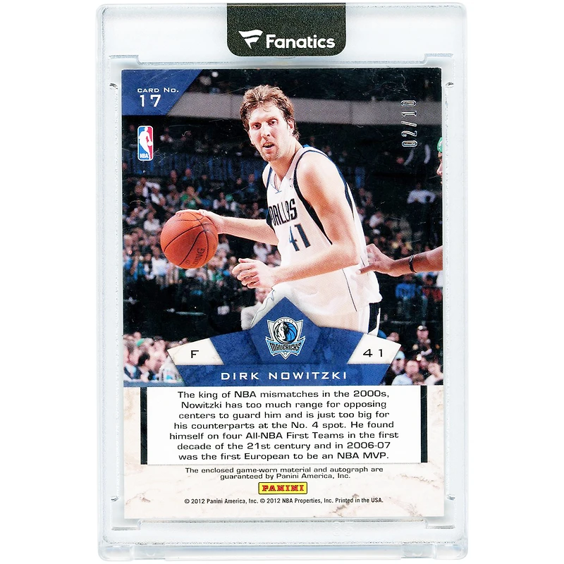 Dirk Nowitzki Dallas Mavericks Autographed 2012-13 Panini Limited Decade Dominance GU Relic #17 #02/10 Card