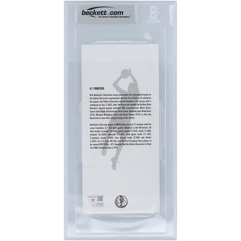 Billet commémoratif pour la cérémonie de retrait du maillot des Dallas Mavericks de Dirk Nowitzki, billet authentifié 7/10 vu par les fans de Beckett du 5 janvier 2022