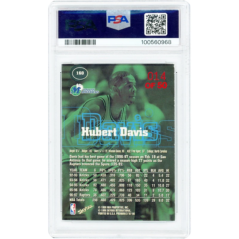 Carte Hubert Davis Dallas Mavericks 1997 Skybox Premium Star Rubies n° 160, authentifiée PSA (5 cartes).
