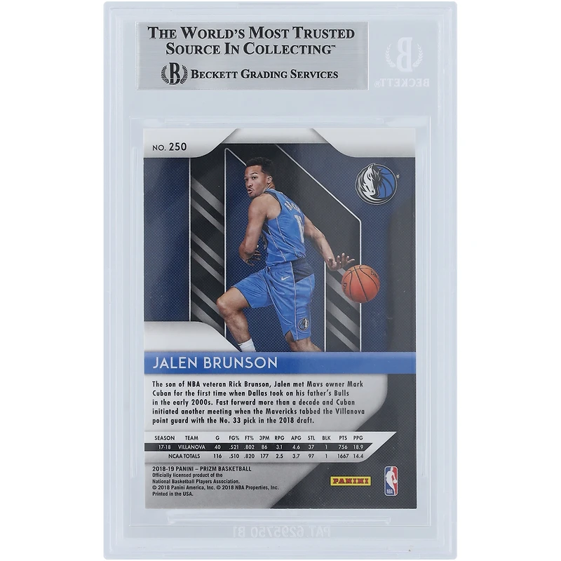 Jalen Brunson Dallas Mavericks Autographed 2018-19 Panini Prizm #250 Beckett Fanatics Witnessed Authenticated Rookie Card