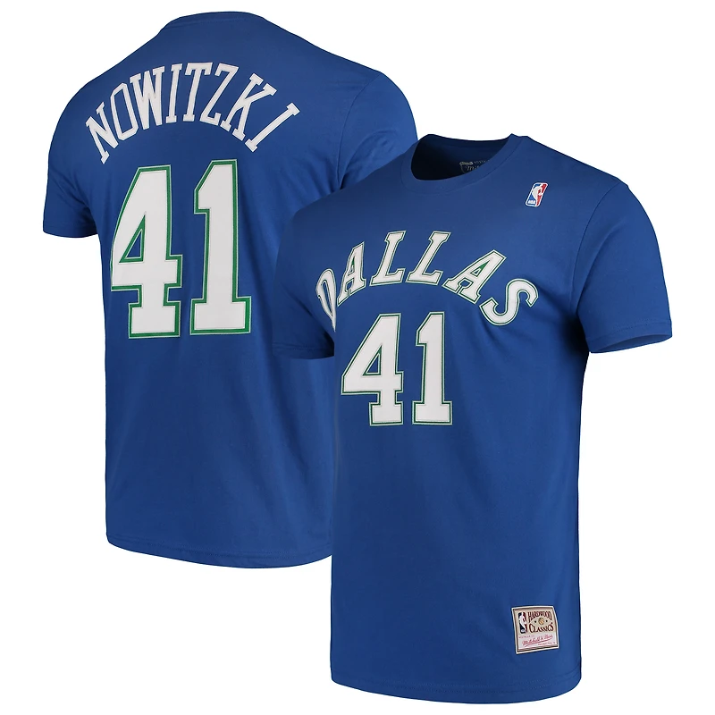 Men's Mitchell & Ness Dirk Nowitzki Blue Dallas Mavericks Hardwood Classics Team Name Number T-Shirt