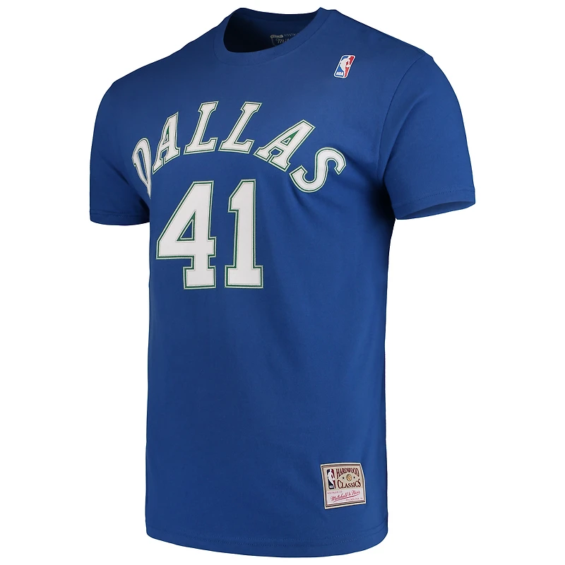 Men's Mitchell & Ness Dirk Nowitzki Blue Dallas Mavericks Hardwood Classics Team Name Number T-Shirt