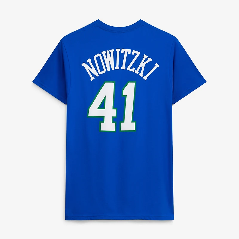 Men's Mitchell & Ness Dirk Nowitzki Blue Dallas Mavericks Hardwood Classics Team Name Number T-Shirt