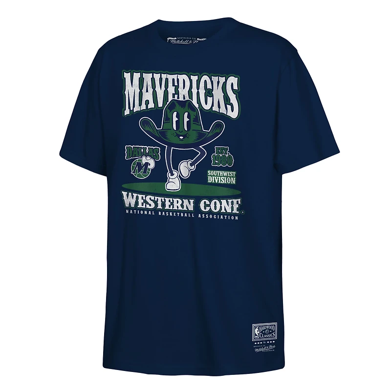 Youth Mitchell & Ness Navy Dallas Mavericks Retro Mascot Script T-Shirt