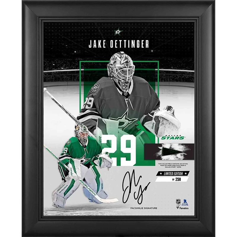 Jake Oettinger Dallas Stars Fac-similé Signature Collage Encadré 11" x 14" Impact avec un morceau de rondelle utilisée en match - Édition limitée à 250