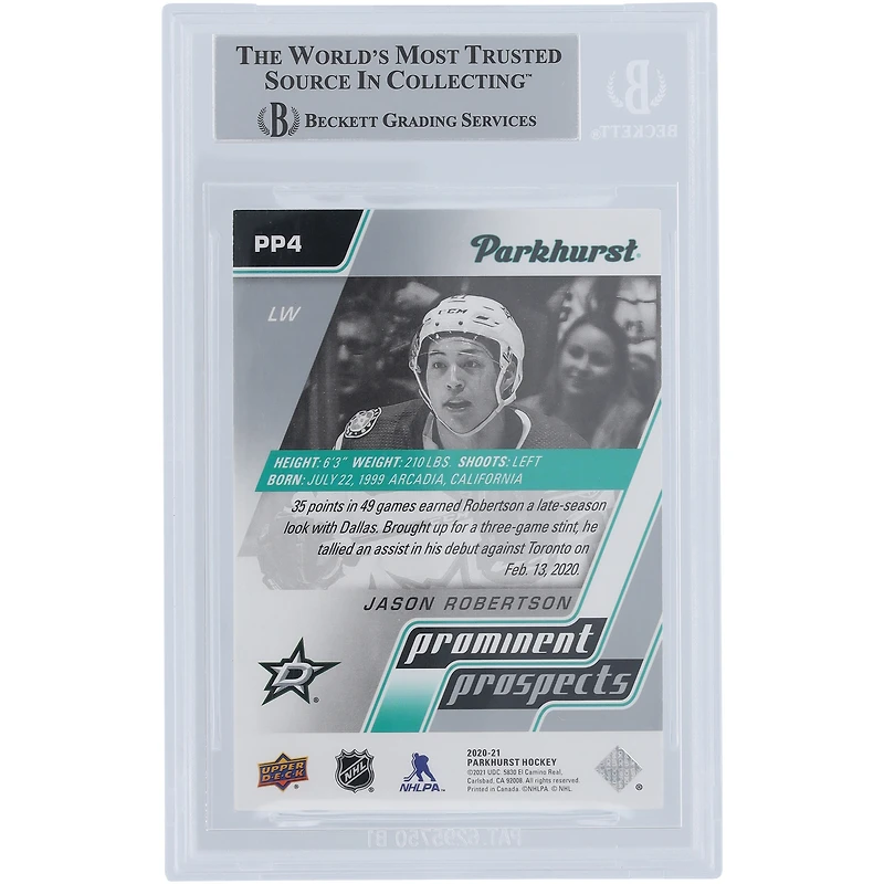 Jason Robertson Dallas Stars Autographié 2020-21 Upper Deck Parkhurst Prominent Prospects Green Ink #PP4 Beckett Fanatics Witnessed Rookie Card Authentifié