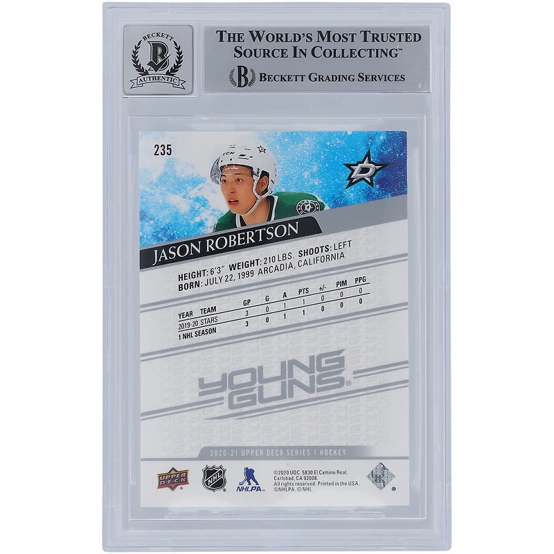 Jason Robertson Dallas Stars Carte de recrue autographiée 2020-21 Upper Deck Series 1 Young Guns #235 Beckett Fanatics Witnessed Authenticated 10 Rookie