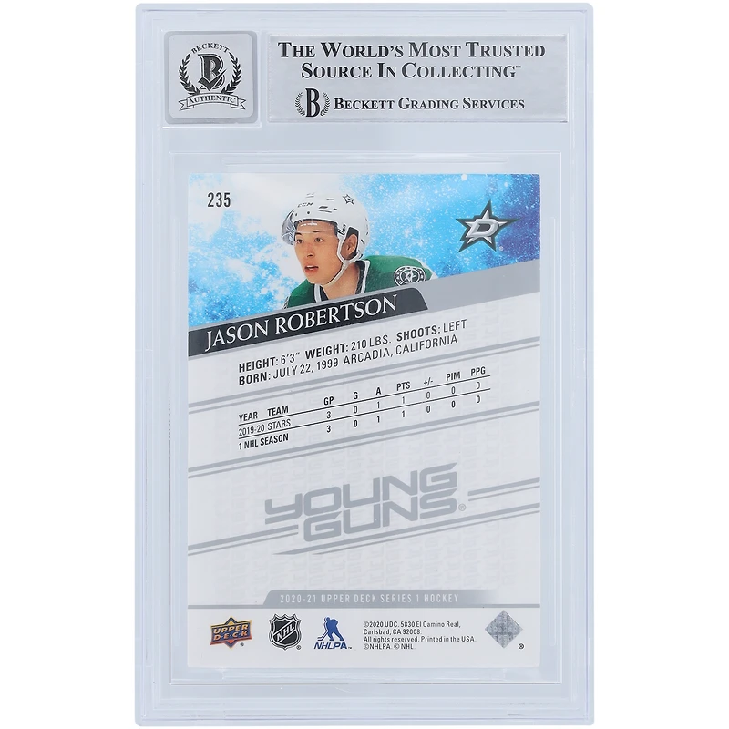 Jason Robertson Dallas Stars Autographié 2020-21 Upper Deck Série 1 Youngs Guns #235 Beckett Fanatics Witnessed Authentifié 9/10 Rookie Card
