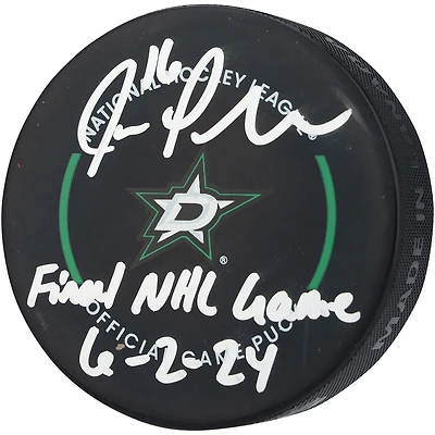 Rondelle de match officielle autographiée par Joe Pavelski des Stars de Dallas avec inscription « Dernier match de la LNH, 6-2-24 »