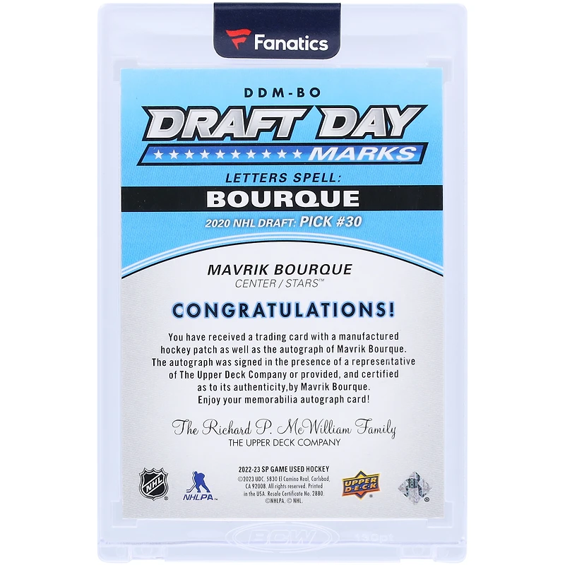 Mavrik Bourque Dallas Stars Autographed 2022-23 Upper Deck SP Game Used Draft Day Marks #DDM-BO #31/35 Rookie Card