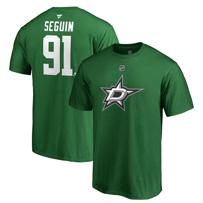 T-shirt authentique Tyler Seguin Kelly Green Dallas Stars pour homme, avec nom et numéro superposés.