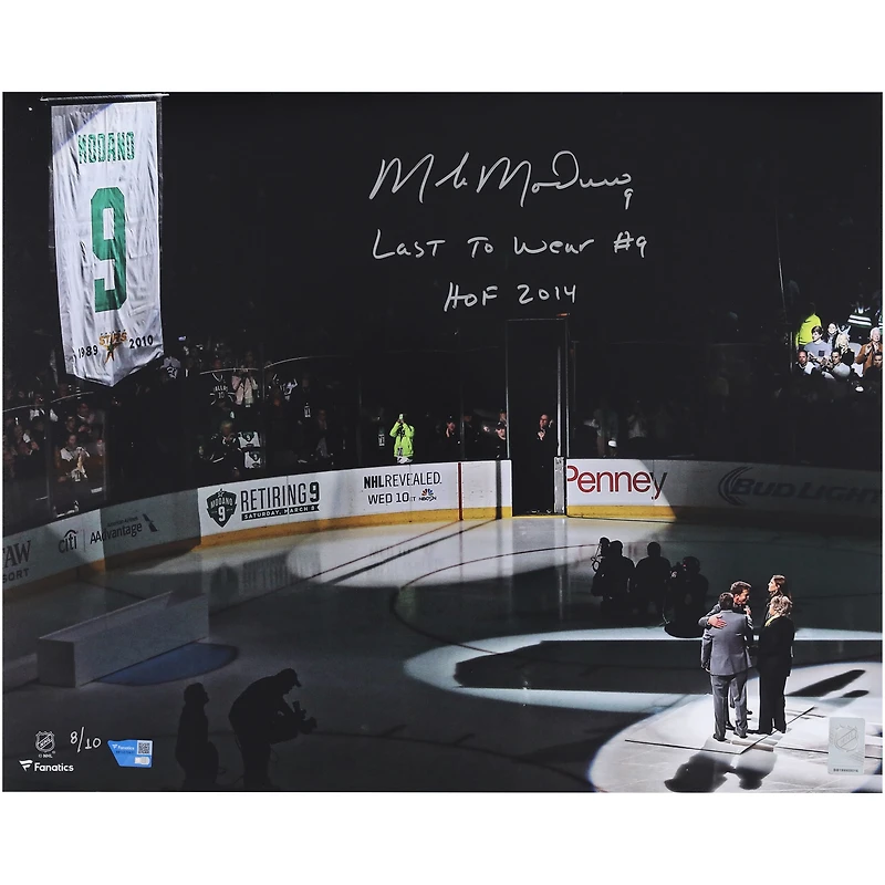Mike Modano Dallas Stars Autographed 16" x 20" Jersey Retirement Night Photograph with Multiple Inscriptions - Limited Edition of 10