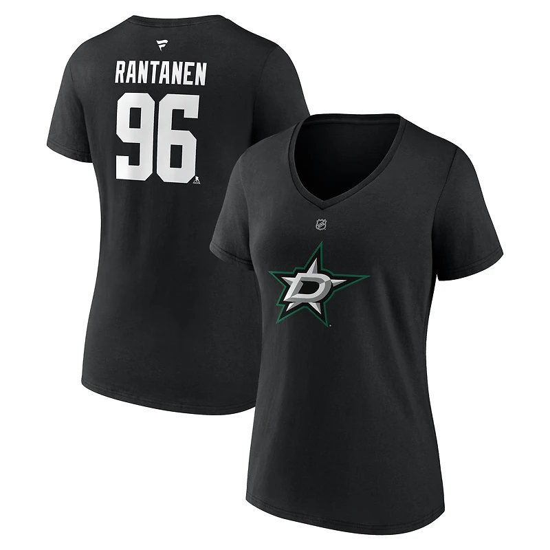 T-shirt col V noir authentique avec nom et numéro Stack des Dallas Stars pour femme Fanatics Mikko Rantanen