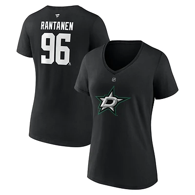 T-shirt col V noir authentique avec nom et numéro Stack des Dallas Stars pour femme Fanatics Mikko Rantanen