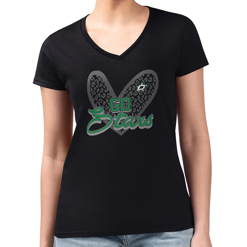 Women's G-III 4Her by Carl Banks Black Dallas Stars Super-Slim Fit Lightweight Animal Print Heart V-Neck T-Shirt